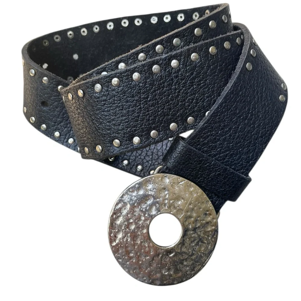 VTG ARTISAN CRAFTED Black Leather Hammered Wheel Double Rivet Leather Belt 32-36 - Picture 2 of 10